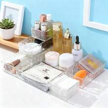3Pcs Water Ripple Clear Plastic Storage Organizer Set, Divided Multi-Grid Cosmetic Storage Box, Glacier Texture Desktop Vanity Makeup Skincare Lipstick Jewelry Stationery Storage Tray For Bathroom Dresser Countertop - Glacier Pattern - View 2