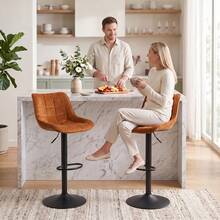 HOMCOM Set 2 Sgabelli Bar in Effetto Lino Vellutato con Altezza Regolabile Girevoli a 360° Sgabelli Cucina Alti con Poggiapiedi, Schienale, Base Acciaio Carbonio, Moderni per Bar Isola Marrone Arancio - Marrone ruggine - Visualizzare 3