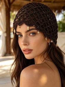 1pc Women's Bohemian Hollow Handmade Hat Band With Starfish & Shell Pendant, Vintage Crochet Knit Hat, Vacation Decorative Accessory For Photos, Suitable For Daily & Vacation Wear - Small Sequin Pendant - View 6