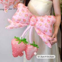2pcs 20 Inch Fruit Print Bow Backpack Foil Balloons, Strawberry & Watermelon Design, Aesthetic Birthday Photo Props, Summer Party Decoration - View 5