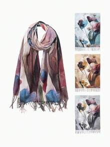 1pc New Women's Fashion Versatile Floral Series Long Shawl Scarf With Tassels - Multicolor - View 7