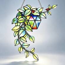 Colorful Rhinestone Flower Pot Vine Ladybug Hanging Window Decor, Fresh Green Leaf Creative Sunlight Catching Hanging Ornament, Translucent Art Pendant, Bedroom Window Entryway Wall Hanging Decor, Mori Style Home Soft Furnishing, Unique Atmosphere Housewarming Gift - A - View 2