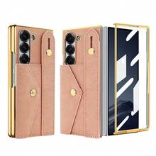 VIETAO 腕帶卡槽式電鍍人造皮革手機殼，適用於 Galaxy Z Fold 4 5 6 7 Fold7，時尚手機保護殼 - 粉色 - 查看 1
