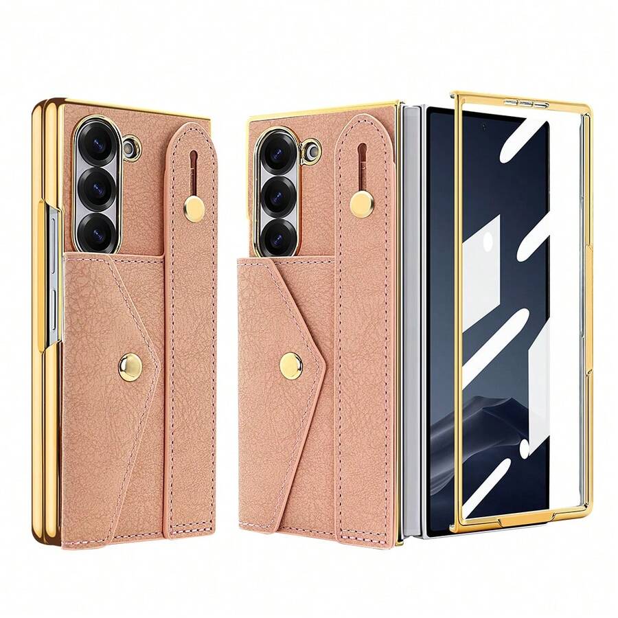 VIETAO 腕帶卡槽式電鍍人造皮革手機殼,適用於 Galaxy Z Fold 4 5 6 7 Fold7,時尚手機保護殼 - 粉色 - 查看 1
