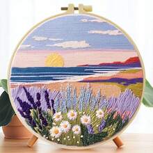 1件 20*20cm/7.9*7.9in 紫色海灘刺繡套件,DIY手工刺繡套裝,適合成人初學者,居家禮物,女性縫紉禮物,包含使用說明書、印花布料、刺繡框、針與線 - A - 查看 11