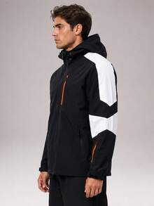 CZRLHYT Men's Hooded Zip-Up Jacket, Two-Tone Color Block Design, Zipper Pocket On Chest, Streetwear Outdoor Sports Jacket - Black and White - View 3