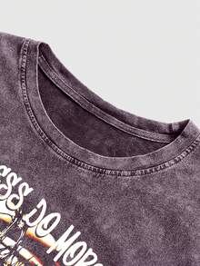 Lonblece Vintage Washed Purple Short Sleeve T-Shirt, American Retro High Street Style, Distressed Hem With Drawstring Design, Eye Graphic Print, Loose Fit Top, Unisex Streetwear - Purple - View 4