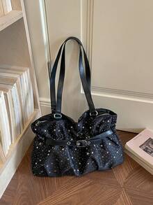 New Casual Solid Color Oxford Cloth Tote Bag, Star Pattern, Pleated Fabric Women Shoulder Bag - Black - View 13