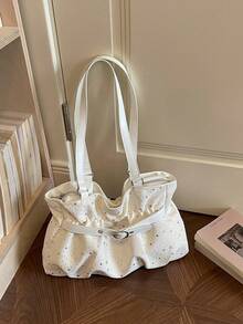New Casual Solid Color Oxford Cloth Tote Bag, Star Pattern, Pleated Fabric Women Shoulder Bag, Aesthetic - White - View 13