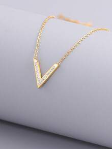 1pc Simple & Versatile Stainless Steel V Shape Necklace For Women, With English Letter Pendant, Clavicle Chain, Suitable For Daily Wear - Yellow Gold - View 1