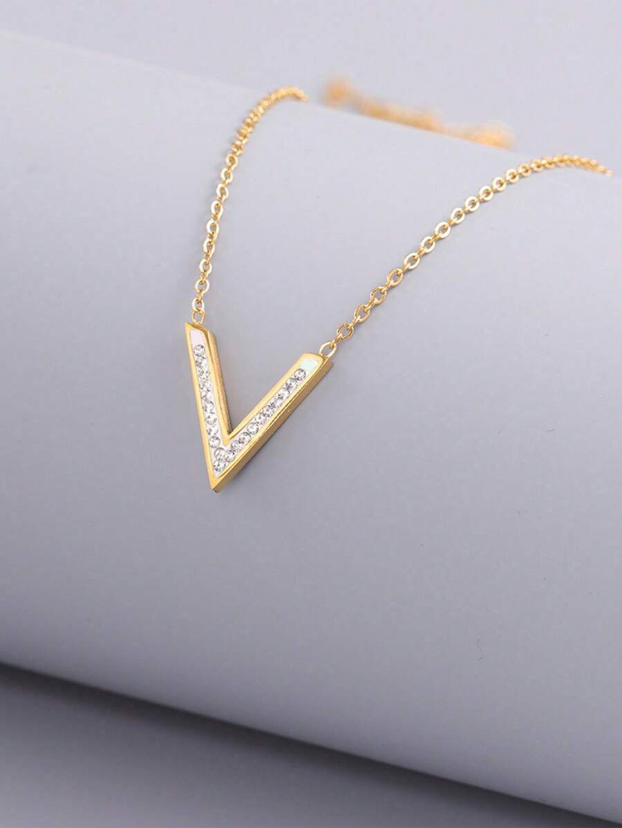 1pc Simple & Versatile Stainless Steel V Shape Necklace For Women, With English Letter Pendant, Clavicle Chain, Suitable For Daily Wear - Yellow Gold - View 1