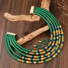 歐美非裔跨境波希米亞風誇張多層彩色纏繞項鍊 - 綠色 - 查看 4