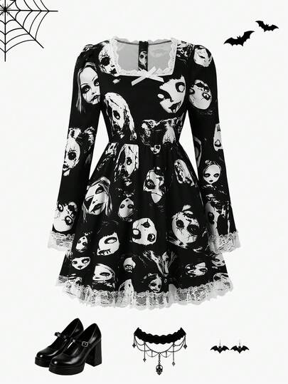 Halloween Girls Big Tween Girl Funny Skull & Ghost Face Contrast Lace Long Sleeve Dress
