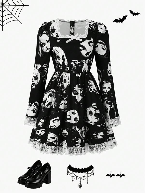 Halloween Girls Big Tween Girl Funny Skull & Ghost Face Contrast Lace Long Sleeve Dress