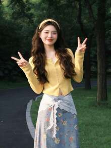 [Y6Y]Women's Solid Color Button-Up Cardigan, Long Sleeve Slim Fit Knit Jacket, Autumn - Yellow - View 1