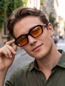 1 Pair Men's Fashion Fashion Glasses, Personalized UV Protection Square Small Frame With Rivet Detail, Street Style Outdoor Driving Cycling Sun Protection Fashion Glasses - Multicolor - View 3