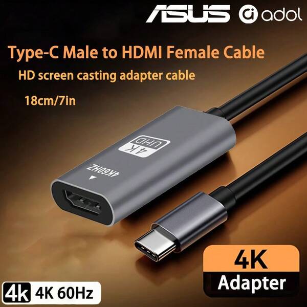 ASUS Type-C To HDTV Converter 4K 60Hz USB-C To HDTV Adapter, Compatible With Laptop, PC, Phone, Tablet, Monitor, TV, Projector, Plug And Play