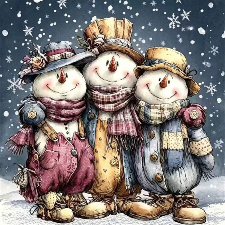 New 5D DIY Diamond Painting Kit - Christmas Theme, Three Cute Snowmen, Round Acrylic Mosaic Craft DIY Hand-Drilled Painting, Living Room Bedroom Wall Decor, Christmas Gift Stress Relief Handmade, Frameless