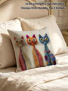 1pc Faux Embroidery Colorful Cat Pillowcase With 3 Cute Kittens Pattern, Suitable For Pet Lovers, Sofa, Bedroom, Home Decor (Pillow Insert Not Included) - Multicolor - View 7