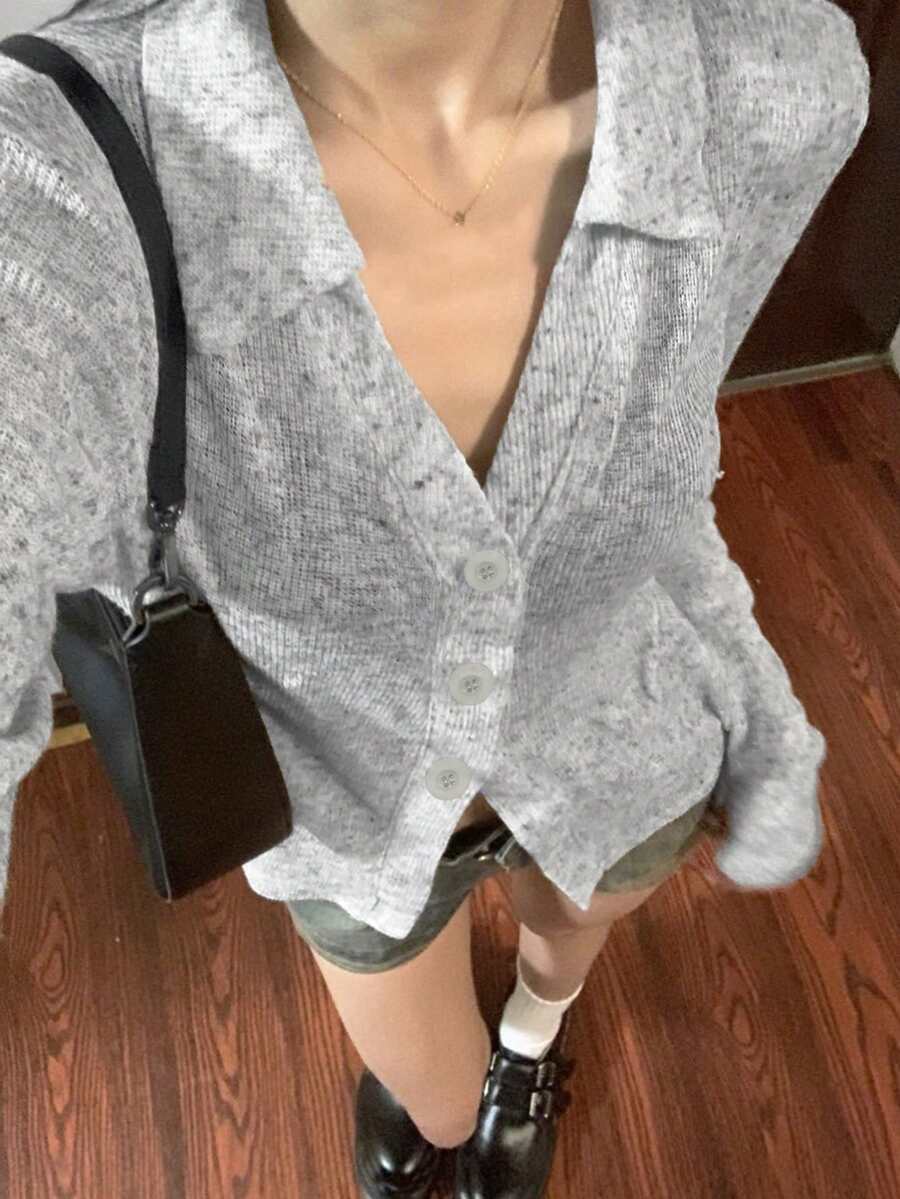 Women's Autumn Vintage Slim-Fit Flattering Grey Thin Waist-Cinching Long Sleeve Sun Protection Top - Grey - View 1