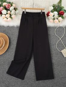 Celana Panjang Wanita Elegan Model Lurus, dengan Detail Kancing dan Resleting, Celana Panjang Modis Tanpa Elastis - Hitam - View 6