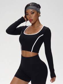 1pc Women's Ribbed Long Sleeve Sports Top, Autumn/Winter, Soft Elastic Shaping Slim Fit Versatile T-Shirt Black - Black - View 7