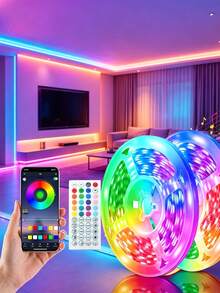 2 Modos de Control: Control Remoto de 44 Teclas y Control por APP de Smartphone, Tira de Luz LED RGB Sincronizada con Música Controlada por APP Inteligente con Control Remoto, Adecuada para Dormitorio, Habitación, Decoración del Hogar, Fiesta, Vacaciones y Otras Ocasiones, Decoración de Habitación, Decoración del Hogar, Decoración de Dormitorio, Tira de Luz LED Inteligente con Control Remoto de 44 Teclas - Multicolor - Ver 2