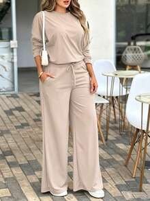 Fall Women's Solid-Color Casual Set: Round-Neck Long-Sleeve Top With Elastic Waist, Drawstring, And Pockets; Wide-Leg Pants (Two Pieces Set) - Apricot - View 5
