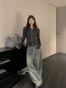 秋季新款女款韓式寬鬆2合1拼色拼接單排扣長袖防曬薄款開襟衫 - 深灰色 - 查看 10