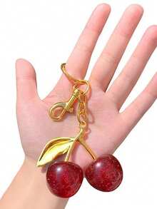 1pc Glitter Resin Cherry Bag Charm, Sweet Fruit Keychain With Lobster Clasp, Fashion Handbag Pendant Key Ring Accessory, Gift For Women And Girls - Cherry - View 8