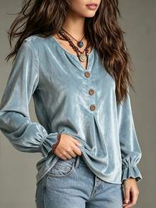 Vintage Elegant Solid Color Button Design Women's Velvet Long Sleeve Top, Autumn New Commuter Blouse - Baby Blue - View 4