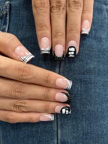10pcs/Set Y2K Nails Handmade, Pink Nails, French Tip Nails, Black Rhinestone Nails & Stripe Nails, Cute Nails, Perfect For Parties & Daily Wear. Short Square Nails. Handmade Press On Nails Square, Fake Nails, Acrylic Nail, Short Nails, Handmade Nails - Multicolor - View 4