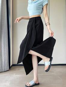 Women's Casual Woven Long Slit Skirt, Zipper Design, Non-Stretch Non-Sheer, Suitable For Daily Wear. - Black - View 6