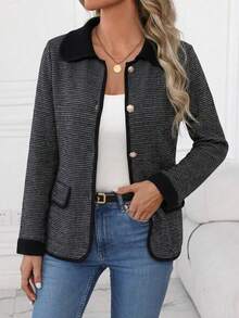 Contrast Trim Peter Pan Collar Knit Cardigan, Gold Button Front, Long Sleeve, Regular Fit, Elegant Autumn Cardigan - Black - View 2