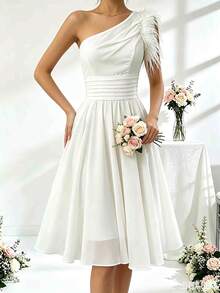 Vestido de fiesta para novia, regalo de boda para mujer, vestido de noche de fiesta con diseño de hombros de gasa, vestido de cóctel de plumas, vestido formal escolar blanco de otoño - Blanco - Ver 3