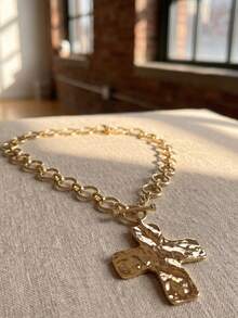 1Pc Hip Hop Cross Pendant Necklace For Women Suitable For Daily Wear Party And Halloween Perfect Jewelry Gift For Friends. - Gold - View 2