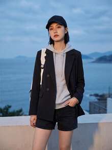 Women's Loose Fit Black Double-Breasted Blazer Jacket, Wrinkle-Resistant Casual Suit Jacket - Black - View 12