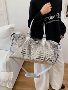 New Fashion Travel Bag, Solid Color Minimalist Niche Design With Sequins, Stylish And Cool, Suitable For Short Trips And Fitness, With Independent Shoe Compartment, Large Capacity, Versatile And Exquisite - Silver - View 10