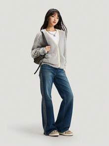 Adidas Originals 女款 CRFT 運動風毛絨拼接開襟針織外套 KT3170 - 灰色 - 查看 6
