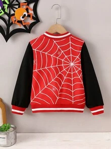 Boys' Spider Web Print Baseball Jacket, Young Boy Long Sleeve Red & Black Colorblock Varsity Style Baseball Jacket, Cartoon Spider Pattern Snap Button Casual Outerwear, Lightweight Fashion Jacket, Suitable For 4-7 Years Old Boys Daily Wear, Young Boy Spider Print Jacket - Multicolor - View 2