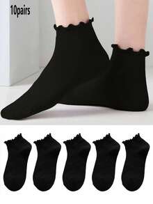 1/3/5/10 pares de calcetines cortos para mujer de color liso, estilo japonés dulce y lindo, con ribete de volantes, moda minimalista - Negro - Ver 13