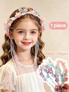 Children's Braided Hairband Flower Crown Headband For Girls, Princess Style Fairy Ribbon Hair Clip Head Accessory - 彩色 - 查看 1