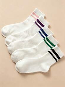 5 Pairs Women's Striped Ribbed Mid-Calf Socks, Classic Dual-Tone Striped Mid-Calf Socks, Soft Knitted Casual Daily Student Socks, Retro Collegiate Style Sports Socks - Multicolor - View 8