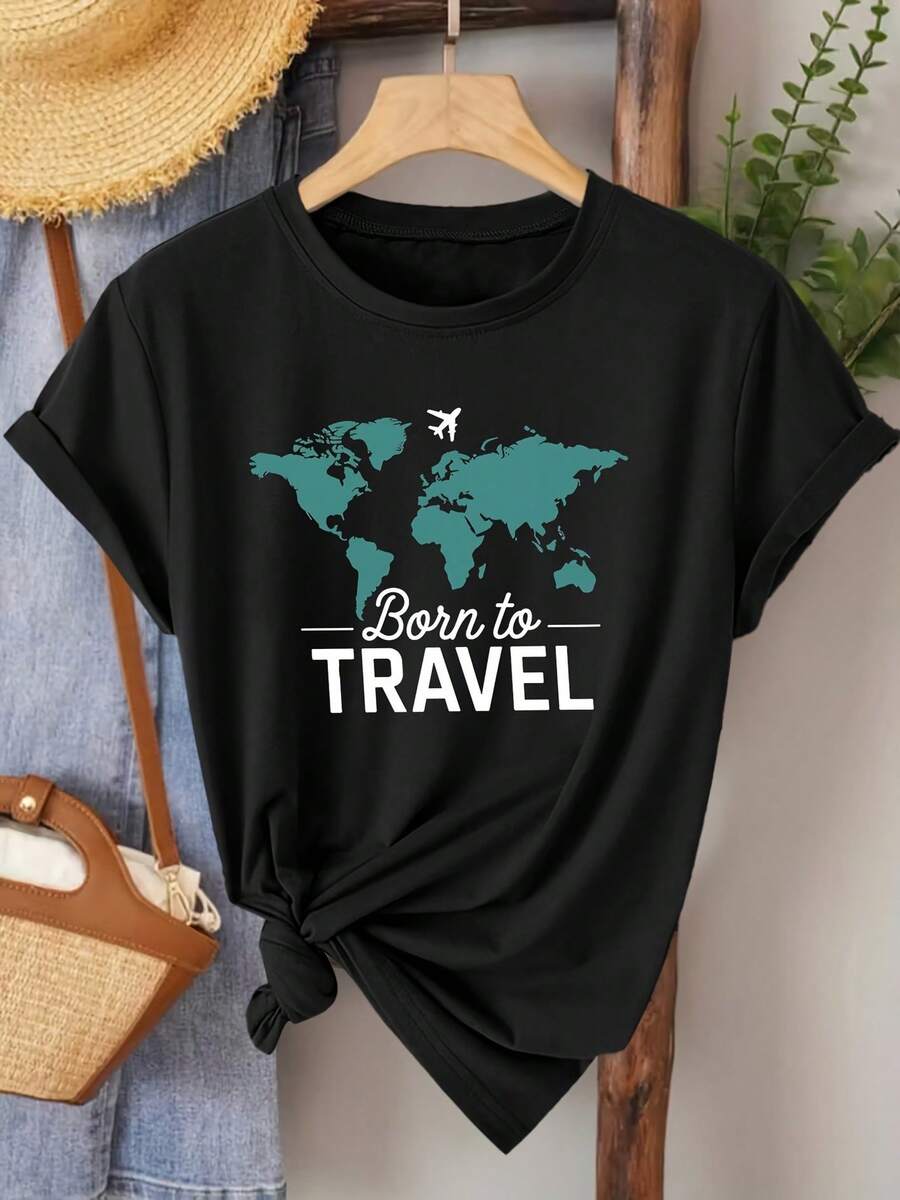 Women's Elegant Short Sleeve-Shirt With Travel Quote Print, Round Neck ...