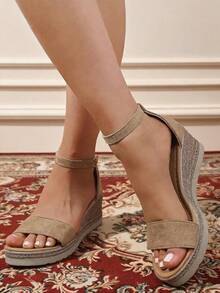 Women's Fashion Wedge Sandals Open Toe Design With Ankle Strap Woven Thick Sole Comfortable Versatile Summer Travel Style Khaki - Khaki - View 7