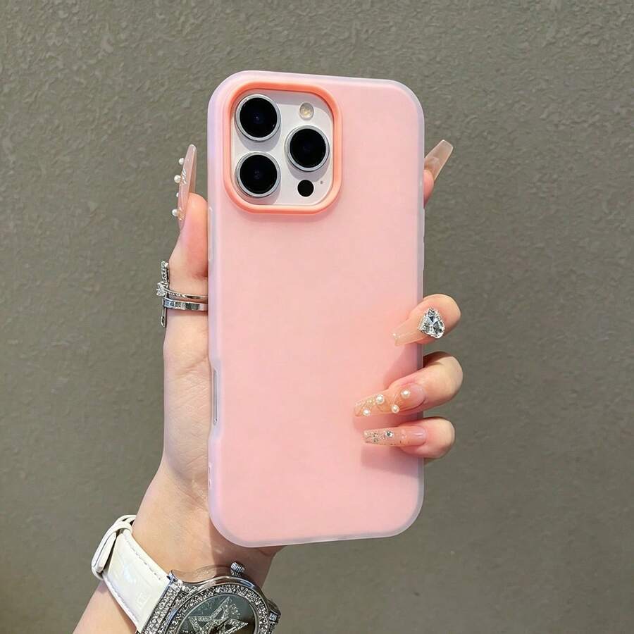 Dual-Color Contrast Camera Frame Matte Phone Case, Jelly 2-In-1, Semi-Frosted Anti-Fingerprint Shockproof Solid Color Protective Cover, Lightweight Soft Edge Shockproof Phone Case, Compatible With IPhone 17 16 15 14 13 Pro Max 12 Pro Max 11, Various Holiday Gifts - Pink - View 1