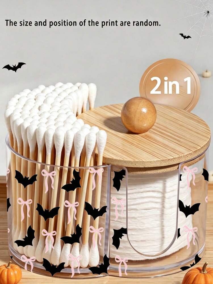 Mini Halloween Theme 2-In-1 Bamboo Lid Plastic Storage Box, Printed With Bow And Bat Pattern, Dual Round Hole Desktop Makeup Organizer, Suitable For Makeup Brushes, Beauty Tool Kit, Makeup Organizer, Vanity Accessories, Makeup Bag, Creative Gift For Women (Mini Size) - Multicolor - View 1