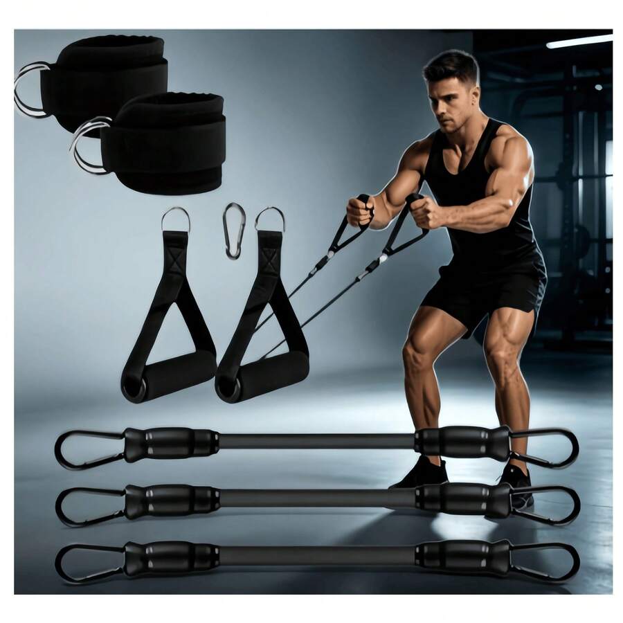 Fitness Cable Machine Attachments Kit, Tricep Rope, Exercise Handles, Ankle Cuffs, Door Anchor, Carabiner Clips For Gym Training - A - View 1
