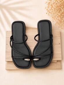 Women's Sandals With Detail On The Little Toe Casual Elegant ABS Women's Flat Summer - 黑色 - 查看 1