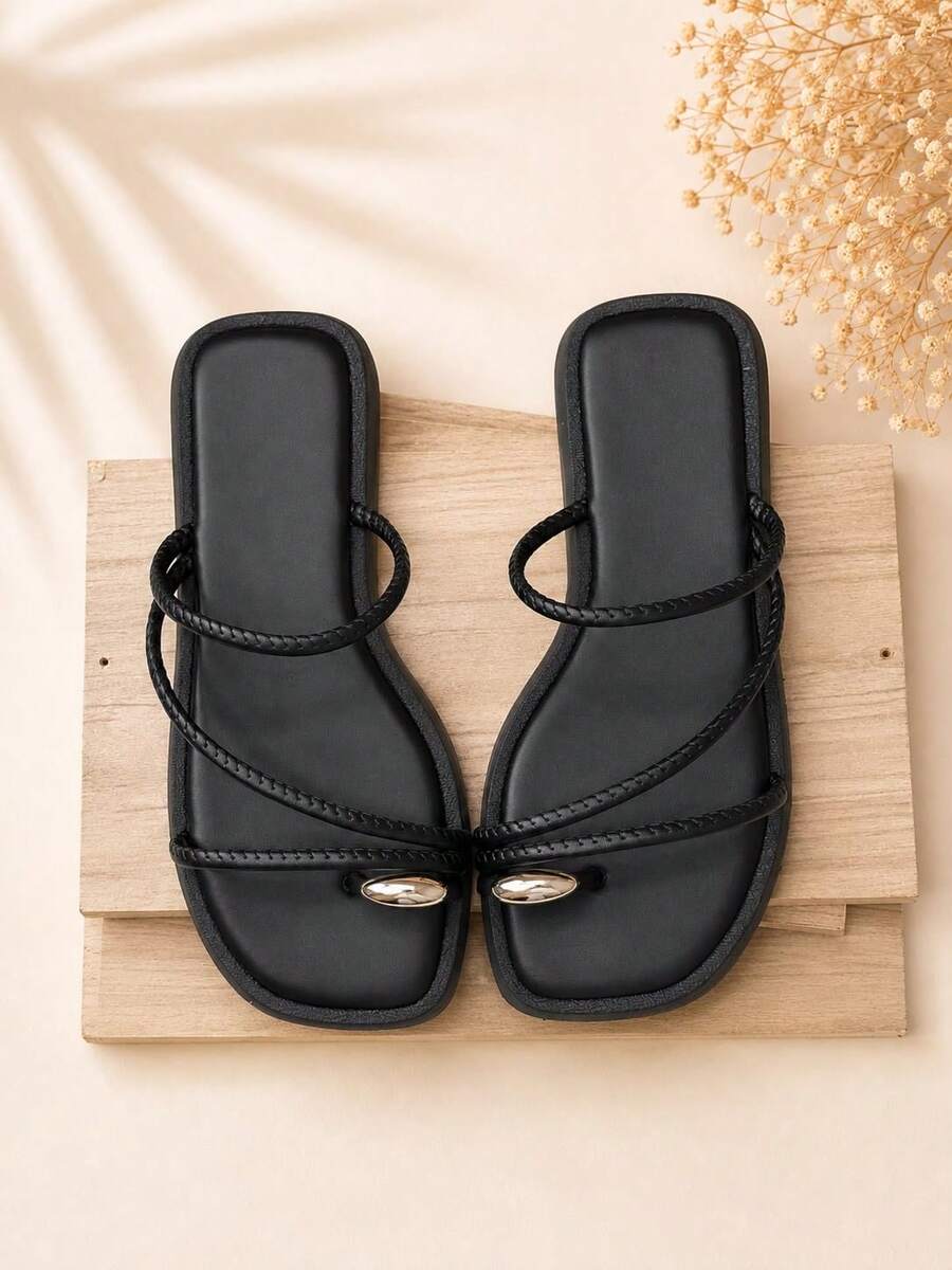 Women's Sandals With Detail On The Little Toe Casual Elegant ABS Women's Flat Summer - 黑色 - 查看 1